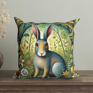 Funda de almohada de conejo inspirada en William Morris para sofá, cojín decorativo de estilo rural con temática de bosque, almohada decorativa con temática de fábula de la naturaleza, decoración de habitación con temática de bosque