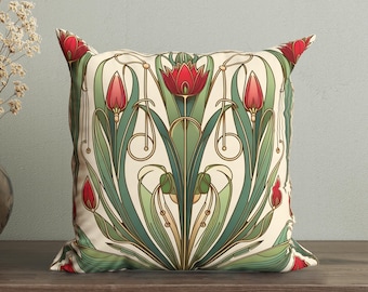 Funda de cojín floral Art Nouveau, cojín decorativo con flores rojas y doradas, elegante funda de almohada, decoración retro Art Nouveau para sala de estar y dormitorio.
