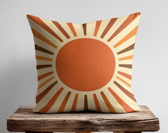 Orange Boho Sun Pillow Cover, Bohemian Sunset Cushion, Retro 70s Decorative Throw Pillow, Vintage Mid Century Decor, Minimalist Accent
