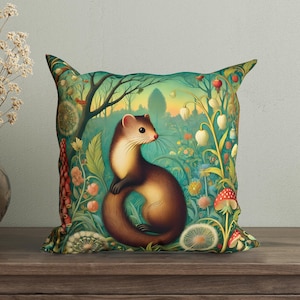 Funda de almohada de comadreja de William Morris, cojín Forestcore, decoración de bosques, almohada decorativa con vida salvaje, funda de almohada para decoración de porche de cabaña