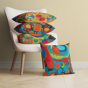 Vibrant Psychedelic Throw Pillow, Retro 70s Pillow Cover, Colorful Groovy Abstract Pillow Case, Mid Century Modern Cushion, Hippie Decor