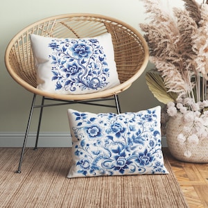 Elegant Blue White Chinoiserie Lumbar Pillow, Insert Included, Traditional Chinese Blue Willow Chic Botanical Cushion, Asian Lumbar Cushion