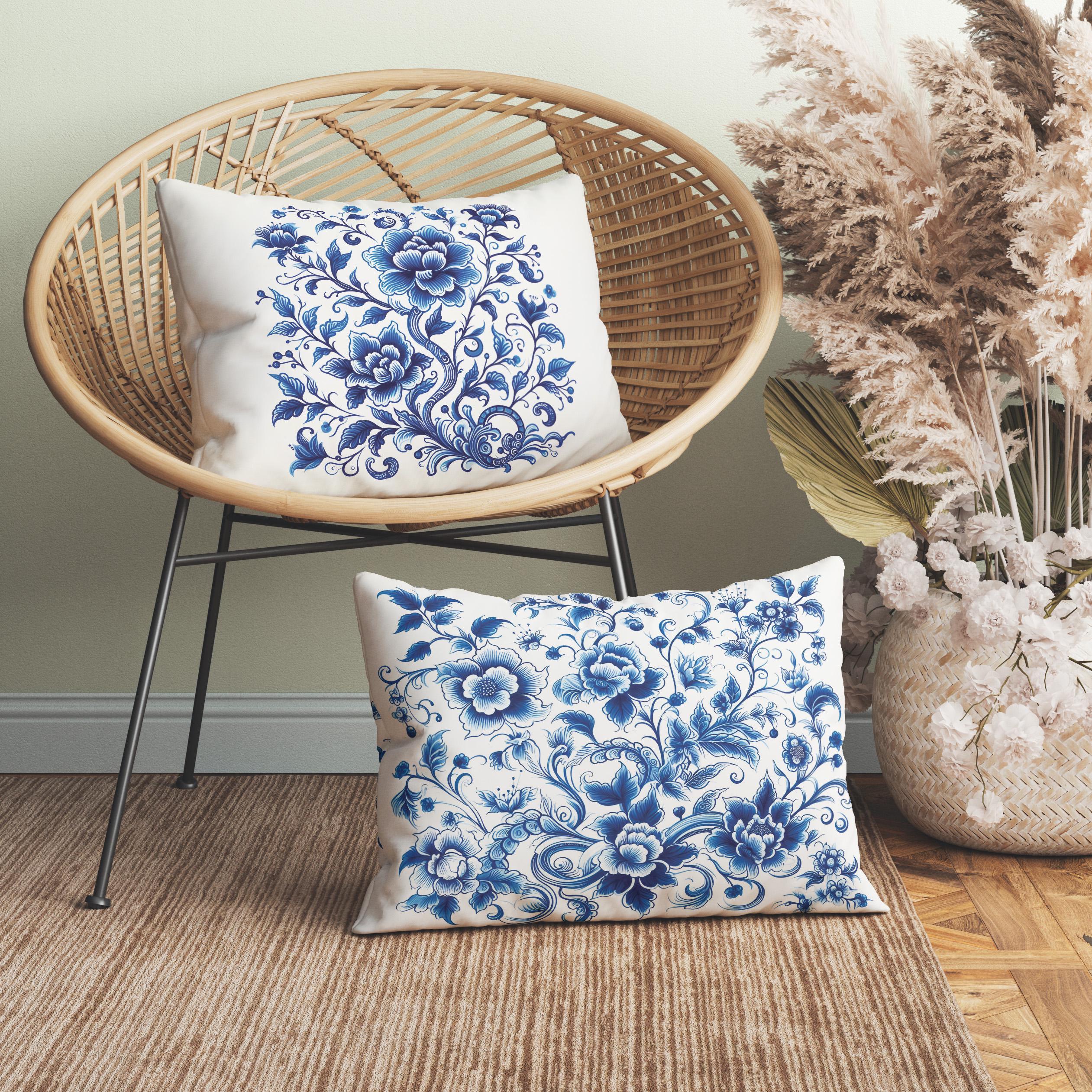 Elegant Blue White Chinoiserie Lumbar Pillow, Insert Included