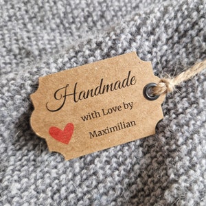10er Set Handmade with love by Anhänger + Juteband, Papieranhänger mit Metallöse, Papieranhänger personalisiert, Anhänger Name