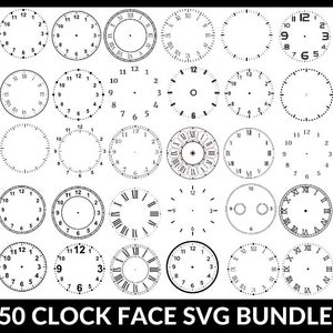Könnte beinhalten: Ein Satz von 50 Schwarzweiß-Uhrenzifferblatt-SVG-Dateien. Die Zifferblätter sind in verschiedenen Stilen, darunter römische Ziffern, arabische Ziffern und einfache Punktmarkierungen. Die Zifferblätter sind alle kreisförmig und haben einen weißen Hintergrund.