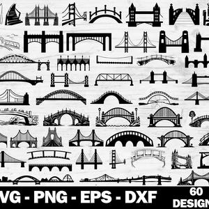 May include: A set of 60 black and white bridge silhouette designs. The designs are perfect for crafting, scrapbooking, and other creative projects.