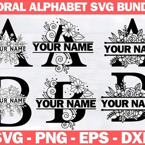 Pacote de Monograma Floral SVG, Monograma Dividido, Sobrenome Svg, Monograma Inicial, Clipart de Alfabeto Florescer, Arquivos de Corte de Letras Divididas Png/Eps/Dxf