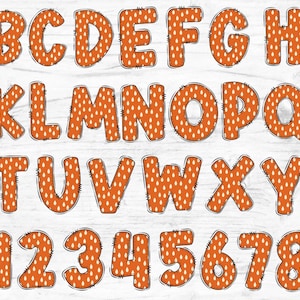 May include: Orange alphabet letters and numbers with a white polka dot pattern. The letters and numbers are outlined in black and have a slightly distressed look.