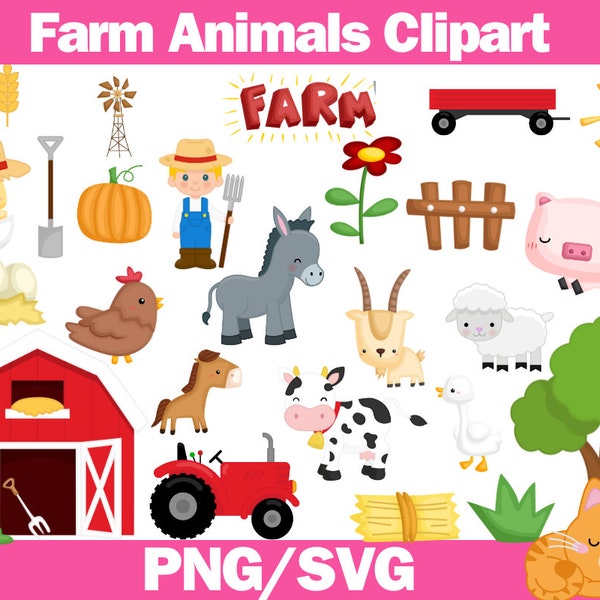 Farm Animals Clipart Set, Barn, Farmyard Animals, Sheep, Cow, Horse, Chicken, Farm Animals PNG, Cute Farm Animals Svg, Tractor, Sublimation