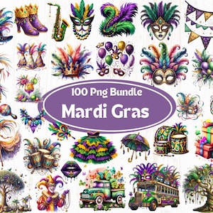 Watercolor Mardi Gras Collection Clipart of 100 PNG,Fleur De Lis Clipart, Beads Necklace, Fat Tuesday PNG,New Orleans Clipart,Commercial Use