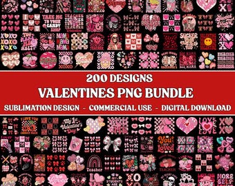 Könnte beinhalten: Ein digitales Download-Bundle mit 200 Valentinstags-PNG-Designs. Die Designs umfassen Herzen, Schleifen und Texte wie "XOXO" und "Be Mine". Die Farbpalette ist hauptsächlich rosa und rot, ideal für Sublimationsprojekte.