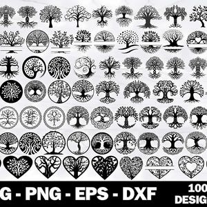 Puede incluir: Una colección de 100 archivos digitales en blanco y negro SVG, PNG, EPS y DXF con diseños de árbol de la vida. Los diseños incluyen varios estilos de árboles, raíces y ramas.