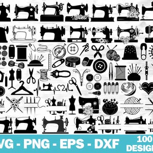 Könnte beinhalten: Eine Sammlung von 100 schwarzen und weißen SVG-Schnittdateien mit Designs zum Thema Nähen. Die Designs beinhalten Nähmaschinen, Garnrollen, Knöpfe, Nadeln und andere nähbezogene Gegenstände.
