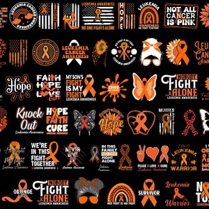 Könnte beinhalten: Eine Sammlung von 30 digitalen Designs mit orangenen Bändern, Sonnenblumen und Texten zum Thema Leukämie-Bewusstsein. Die Designs beinhalten Sätze wie "Hope", "Fight Alone", "No One Fights Alone" und "Leukemia Warrior".