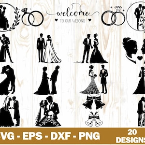 Puede incluir: Un conjunto de 20 archivos de corte digital en blanco y negro con temática de boda en formato SVG, EPS, DXF y PNG. Los diseños incluyen parejas, anillos, corazones y el texto "Bienvenido a nuestra boda".