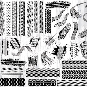 May include: A collection of black and white tyre tread patterns, including straight lines, curves, and swirls. The patterns are arranged in a grid-like format on a white background.