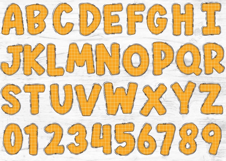 May include: A set of orange felt letters and numbers with a grid pattern and black stitching. The letters are uppercase and the numbers are from 0 to 9.