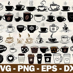 50 Coffee Cups SVG Bundle: Clipart, Stencil, Decal (Digital File)