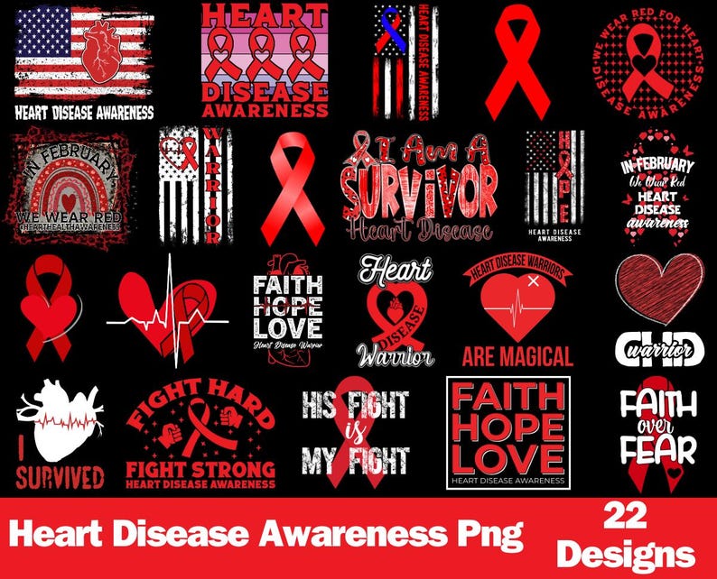 Heart Disease Awareness PNG Bundle: Red Ribbon Designs (digital ...