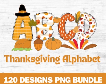 Può includere: Un alfabeto di Ringraziamento con le lettere A, B, C e D decorate con motivi autunnali come zucche, ghiande e foglie. Le lettere sono in stile patchwork con un bordo cucito. Il testo "Thanksgiving Alphabet" è sotto le lettere.