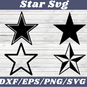 May include: Four black star shapes on a white woodgrain background. The text "Star Svg" is at the top of the image. The text "DXF/EPS/PNG/SVG" is at the bottom of the image.