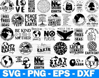 May include: A black and white graphic design set of 25 Earth Day themed SVG files. The designs include phrases like "Save the Bees", "Love Earth", "Happy Earth Day", and "No Plastic".