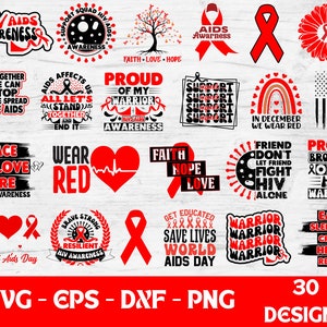 Pode incluir: Uma coleção de 30 designs digitais vermelhos e pretos para o Dia Mundial de Luta Contra a AIDS. Os designs apresentam vários lemas e gráficos relacionados à conscientização sobre o HIV/AIDS, como "Vista vermelho", "Paz, amor, cura", "Orgulhoso do meu guerreiro" e "Um amigo não deixa um amigo lutar contra o HIV sozinho".