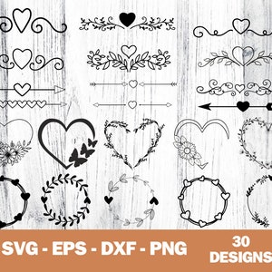 Peut inclure: Un ensemble de 30 designs de cœurs en noir et blanc au format SVG, EPS, DXF et PNG. Les designs comprennent des cœurs avec des fleurs, des flèches, des volutes et des couronnes.