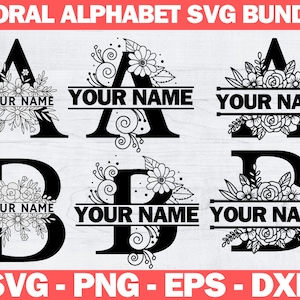 Paquete SVG de monograma floral, monograma dividido, apellido SVG, monograma inicial, clipart de alfabeto floreado, archivos de corte de letras divididas PNG/EPS/DXF