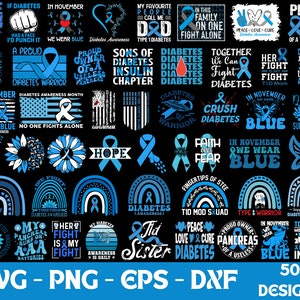 Puede incluir: Una colección de 50 diseños digitales con cintas azules, arcoíris y texto relacionado con la concienciación sobre la diabetes. Los diseños incluyen frases como "We Wear Blue", "Diabetes Warrior", "Crush Diabetes" y "Proud Owner of a Useless Pancreas".