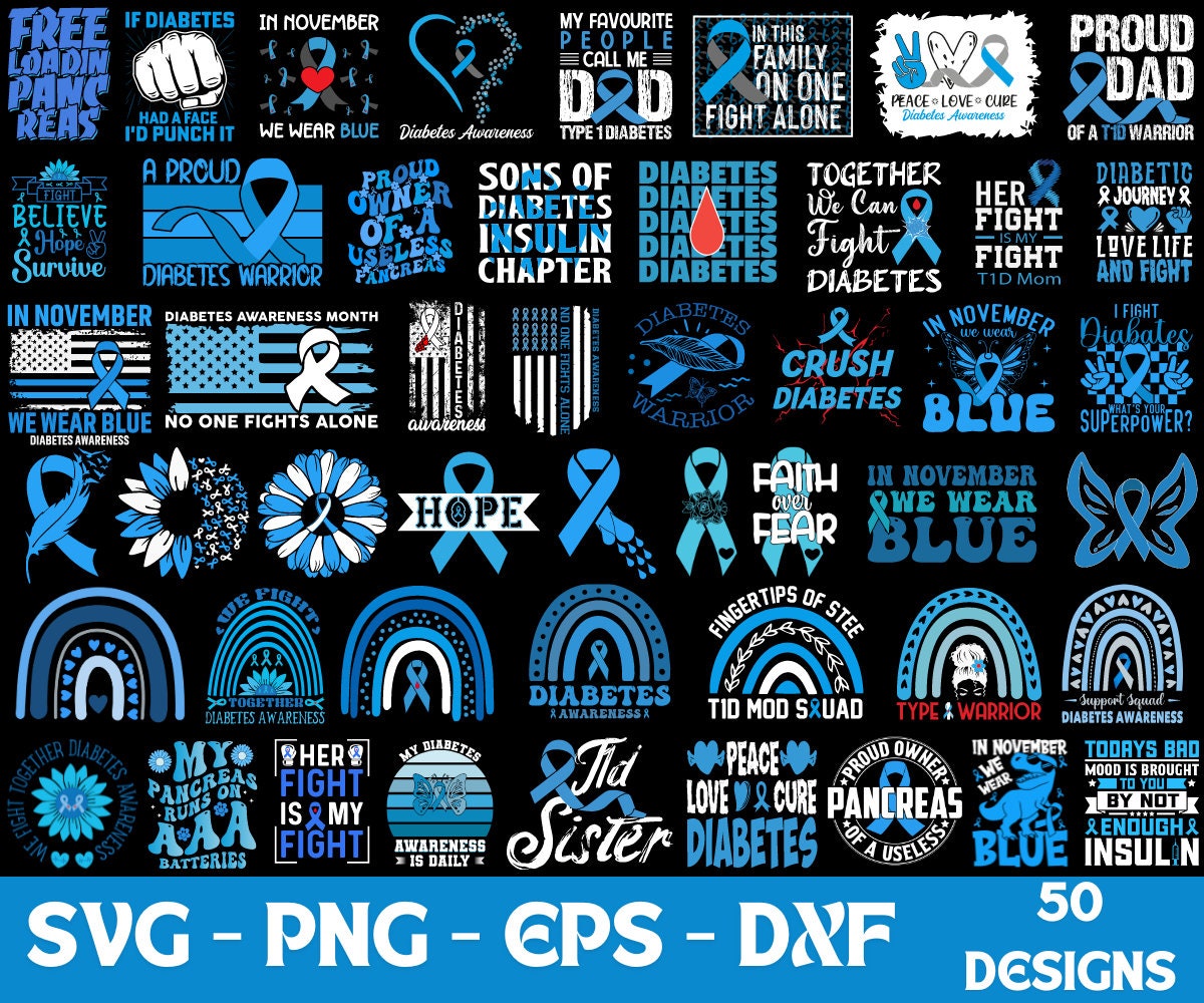 Diabetes Awareness Svg Png Bundle, Diabetes Warrior Svg, Blue Ribbon Svg, Type 1 Diabetes T1D Awareness Svg Cricut