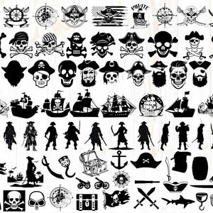 Pirata SVG / Paquete de piratas SVG / Archivos de corte piratas / Silueta pirata / Mapa pirata Svg / Calavera Svg / Huesos cruzados Svg / Clipart pirata / Barco Svg