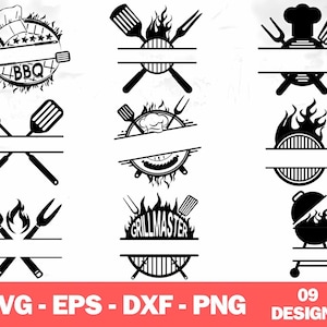 以下が含まれることがあります： グリルマスターのための9つの白黒のSVGカットファイル。デザインには、グリル、炎、シェフの帽子、スパチュラ、フォークが含まれています。デザインの1つに「Grill Master」というテキストが含まれています。