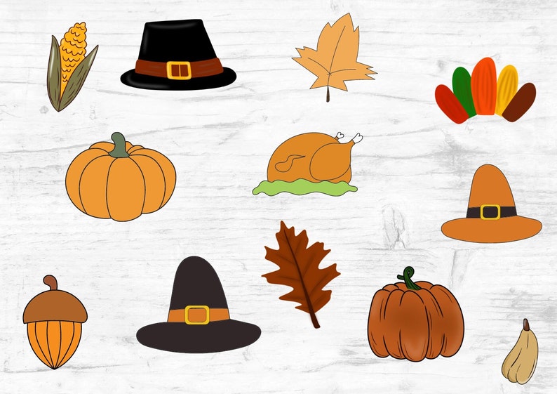 May include: A set of Thanksgiving-themed clip art images, including a cornucopia, pumpkins, a turkey, pilgrim hats, and fall leaves.