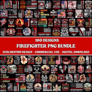 Pode incluir: Um pacote gráfico para download digital com 100 designs com tema de bombeiro. Os designs incluem bandeiras americanas, texto e ilustrações relacionadas a bombeiros, adequados para sublimação e uso comercial. A imagem tem um esquema de cores vermelho e preto.