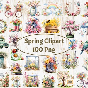 Watercolor Spring Clipart: 100 Boho Cottagecore PNG Designs (Digital Download)