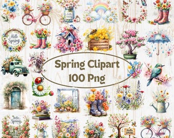 Watercolor Spring Clipart: 100 Boho Cottagecore PNG Designs (Digital Download)