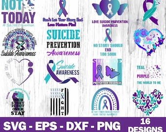 Suicide Prevention Awareness Svg Png Bundle, Teal Purple Ribbon Designs