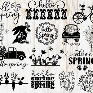May include: A collection of black and white spring-themed SVG cut files. The designs include the words "hello spring", "welcome spring", and "oh hello spring" along with images of a bunny rabbit, flowers, a truck, and a bird.