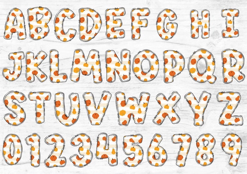May include: A set of alphabet letters and numbers with a pumpkin and striped pattern. The letters and numbers are outlined in black and have a stitched look.