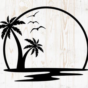May include: Black silhouette of a tropical beach scene. Two palm trees, a sun, and three birds are featured. The design is set against a light wood grain background, creating a contrast between the dark artwork and the light backdrop.