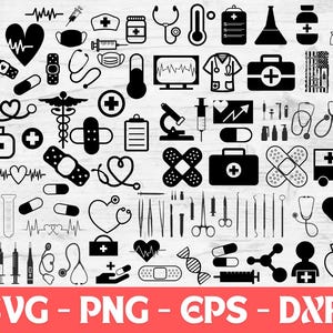 Ensemble d&#39;icônes médicales Clipart SVG médecin infirmière hôpital Silhouette stéthoscope équipement de médecine fichier Cricut usage commercial téléchargement immédiat