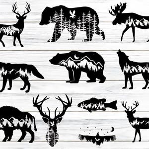 Pacchetto SVG di sagome di animali selvatici: orso, lupo, alce (file di taglio)