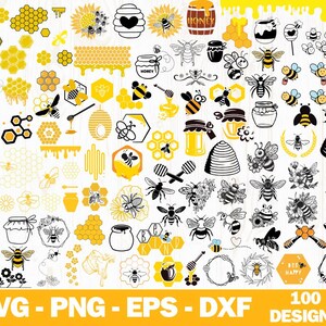 Paquete de imágenes prediseñadas SVG de abejas, panal y citas (100 diseños)
