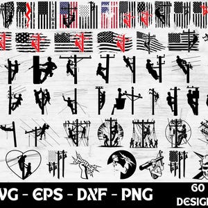 May include: A set of 60 digital designs featuring lineworkers, power lines, and American flags. The designs are in black and white and are perfect for creating crafts, decals, and other projects.
