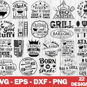 Könnte beinhalten: Eine Sammlung von 22 Schwarzweiß-Digitaldesigns mit Grill- und Barbecue-Motiven. Die Designs beinhalten Texte wie "Dad's Bar & Grill", "King of the Grill", "Born to Smoke" und "Stand Back! Dad's Grilling".
