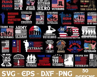 Peut inclure: Une collection de 50 designs numériques sur des thèmes patriotiques, des drapeaux américains et des textes liés aux anciens combattants. Les designs sont de styles et de couleurs variés, notamment le rouge, le blanc et le bleu.