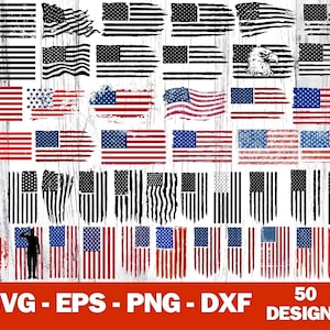 May include: A collection of 50 American flag designs in red, white, and blue. The designs include distressed, waving, and stylized versions, along with an eagle graphic. The image also includes the text "SVG - EPS - PNG - DXF" and "50 DESIGNS."