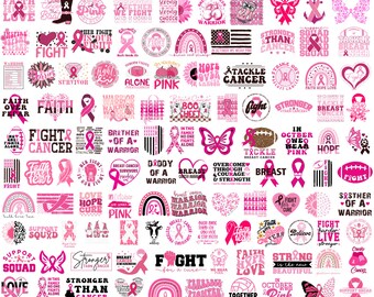 Puede incluir: Una colección de diseños digitales rosas y blancos con cintas rosas, mariposas y texto inspirador relacionado con la concienciación sobre el cáncer de mama. El texto incluye frases como "Lucha contra el cáncer", "Esperanza", "Fe", "Más fuerte que el cáncer" y "Equipo de apoyo".