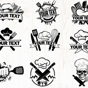 Op de afbeelding: Een verzameling zwart-witte logo's met een chef-thema. Elk logo bevat een koksmuts, samen met diverse keukengereedschappen zoals spatels, messen en gardes. De tekst "YOUR TEXT" is in elk ontwerp opgenomen.